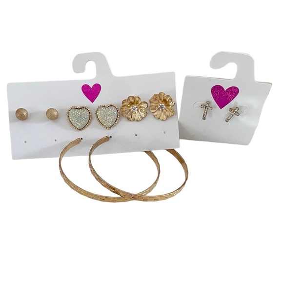 5-Piece Gold-Tone Heart & Cross Earrings and Large Hoops Earring Set - Picture 12 of 12